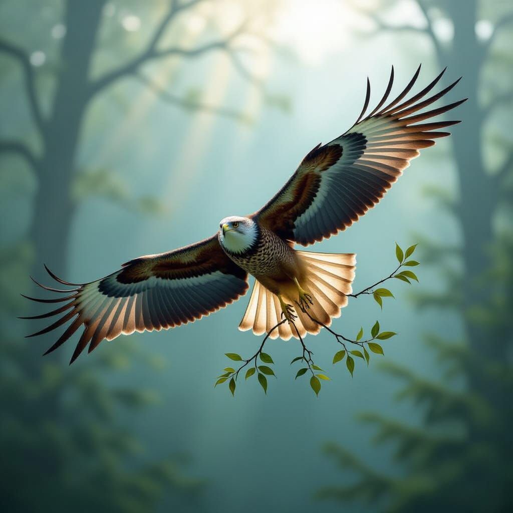 A majestic hawk, mid-flight, its feathers subtly morphing in...