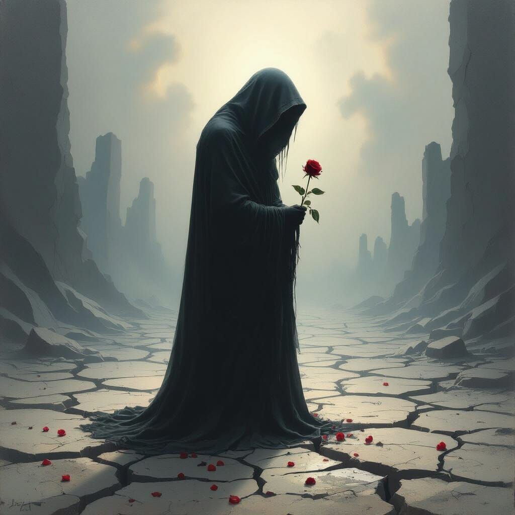 Sorrowful Figure in Shattered Landscape as Surrealist Oil Pa...