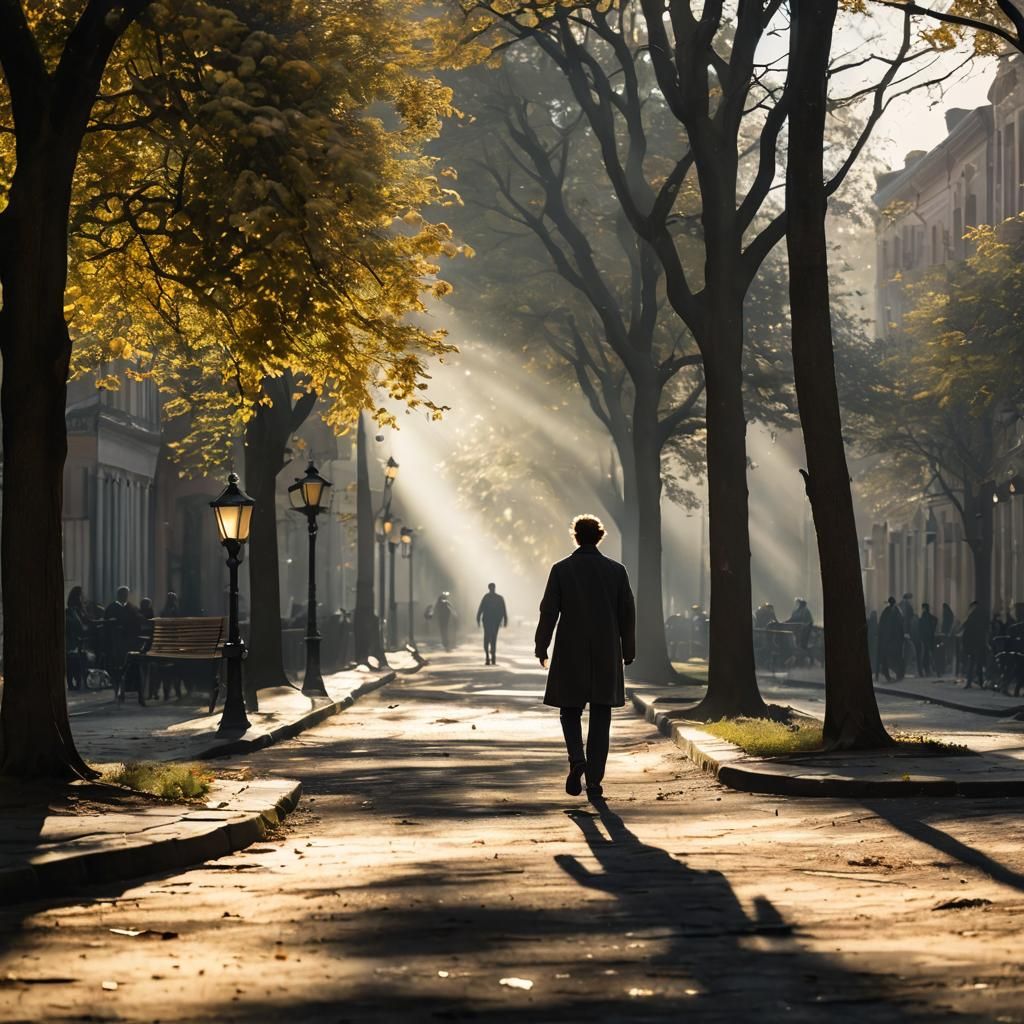 Man Walks on 19th Century Street in Sunlight