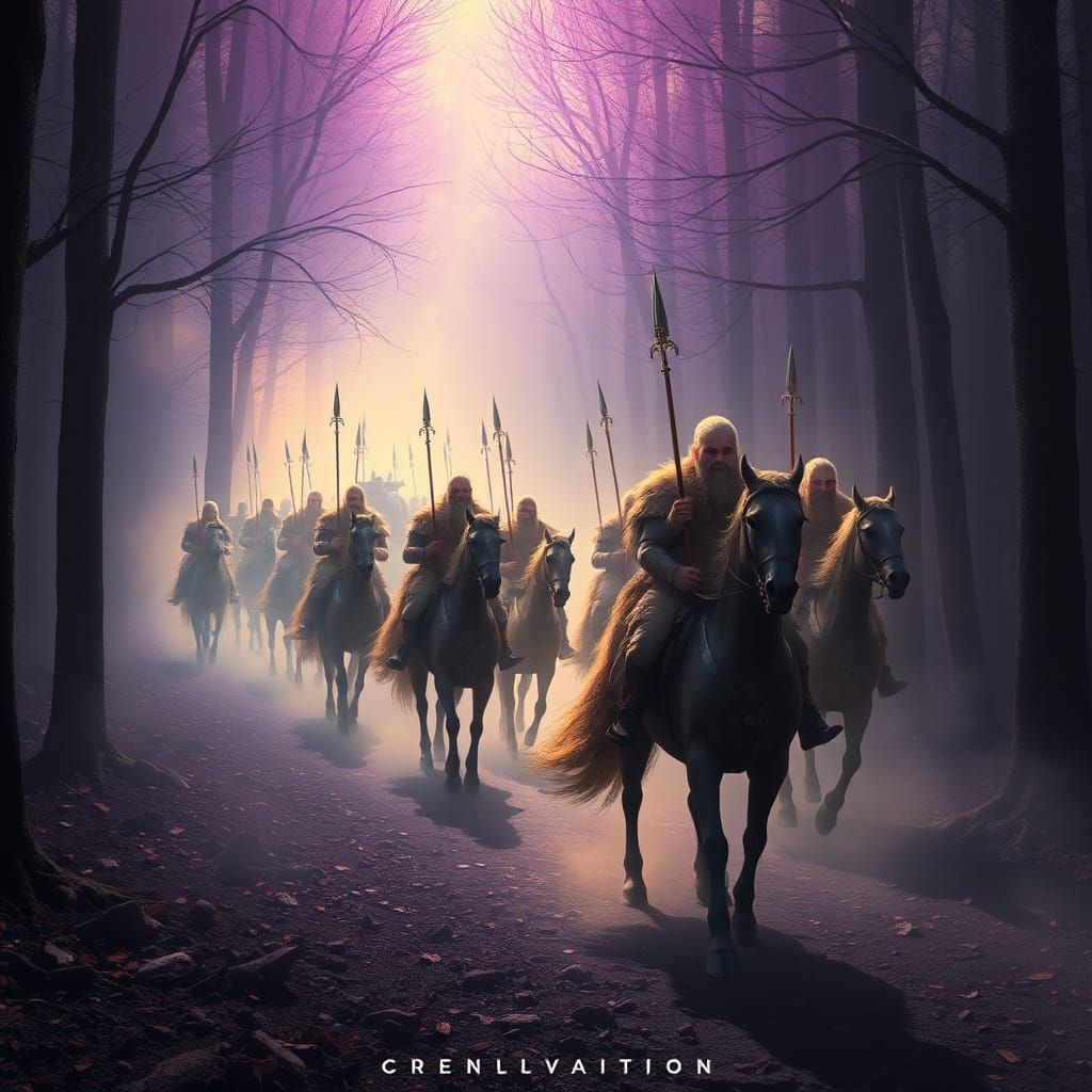 Odin's Wild Hunt: Ethereal Warriors in Mystical Forest