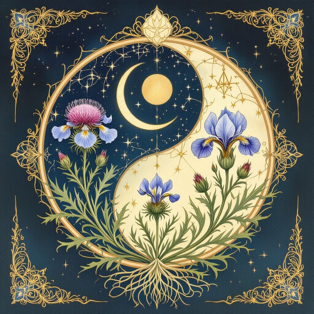 Sacred Geometry Mandala of Thistles and Irises