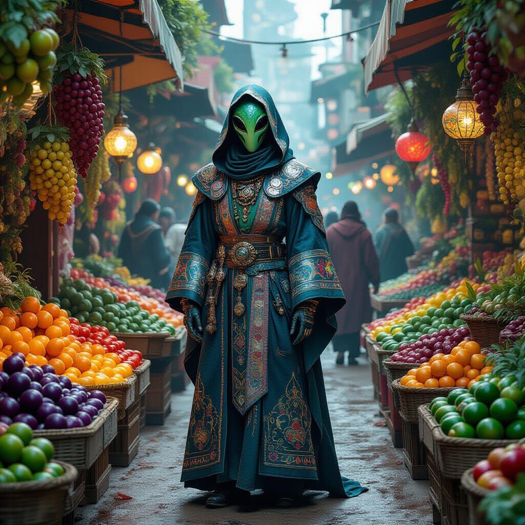Alien Vendor in a Fantastical Market