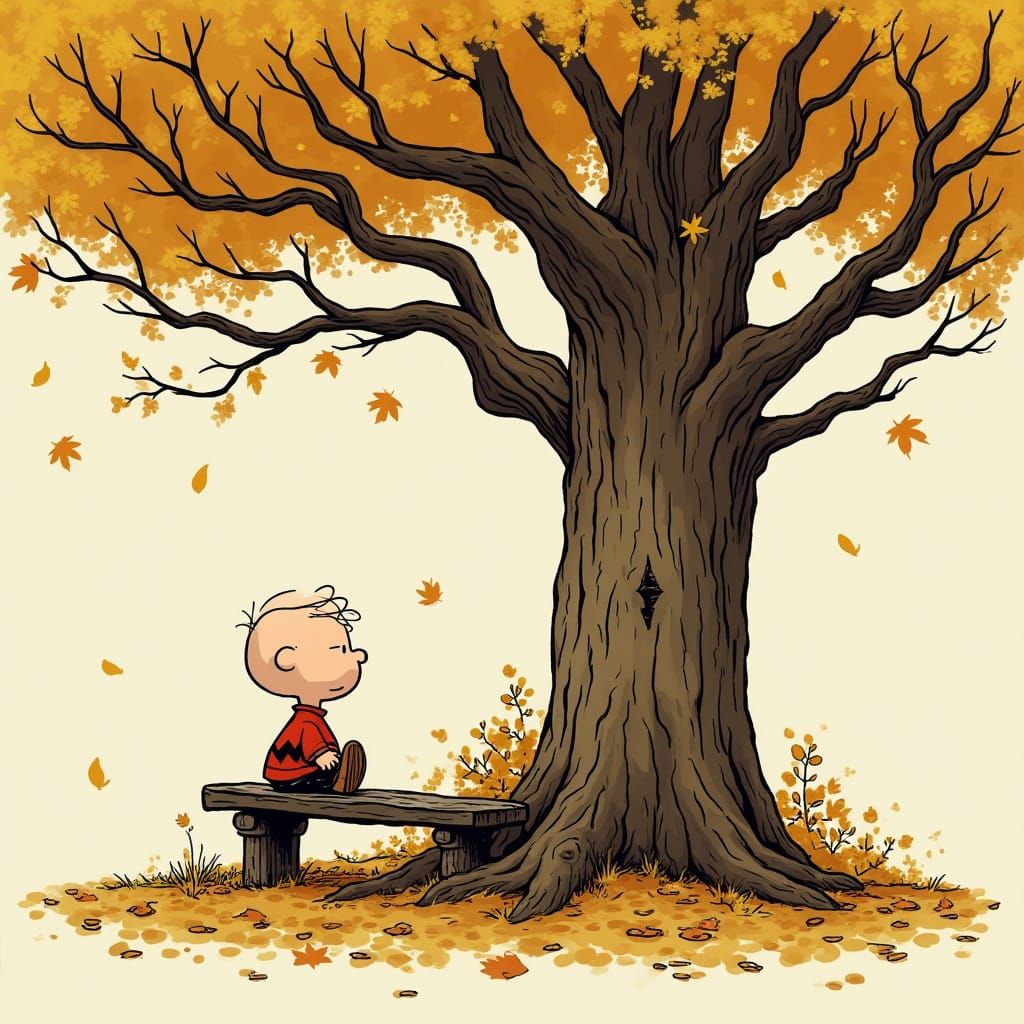 Nostalgic Comic Strip Scene of Charlie Brown Under Ancient T...