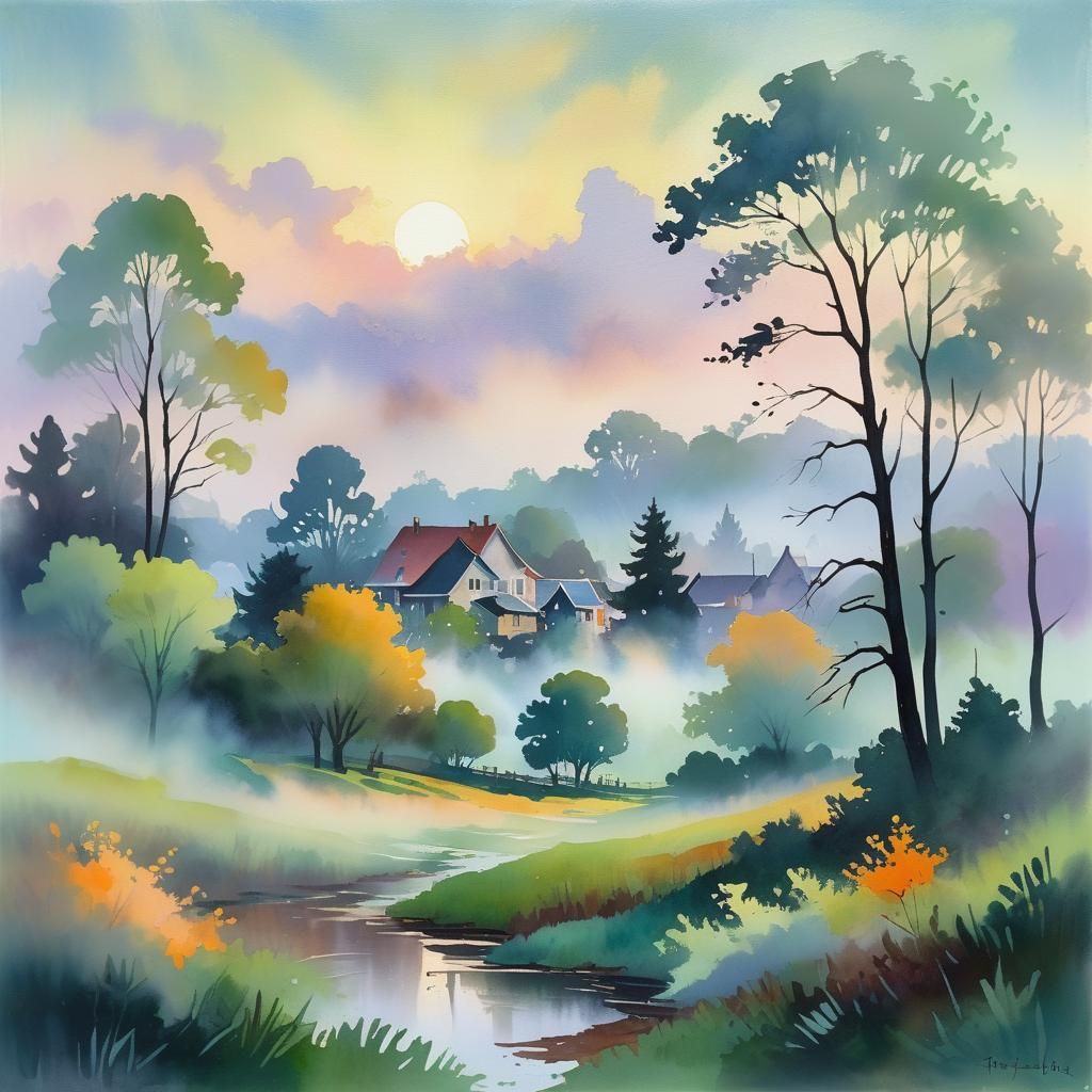 Impressionist Gouache Dawn Landscape with Mist