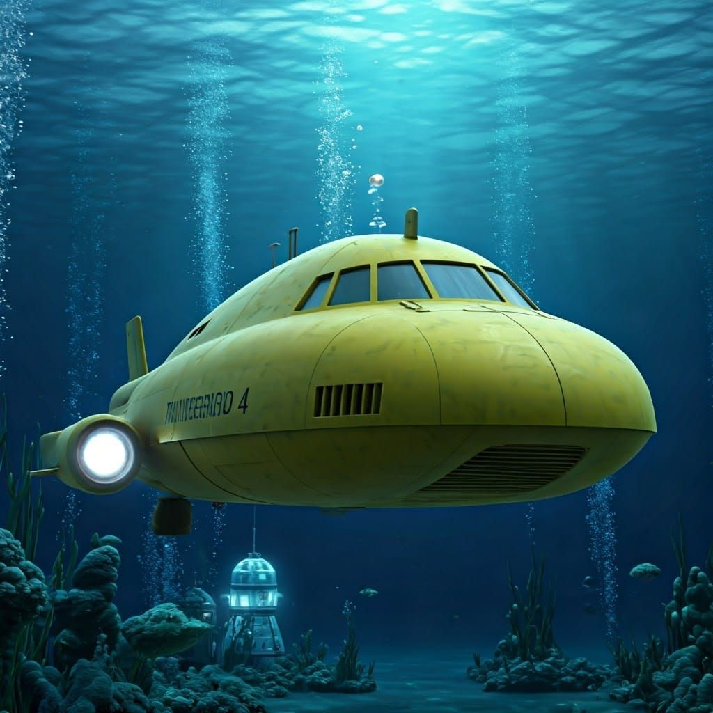 Vintage Futuristic Submersible Descending Towards Underwater...