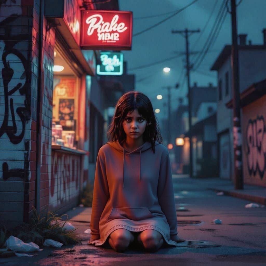 Melancholy Girl on Bleak Street, in Cyberpunk Style