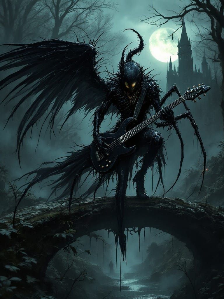 Creepy Spider-Crow Zombie Hybrid Plays Guitar