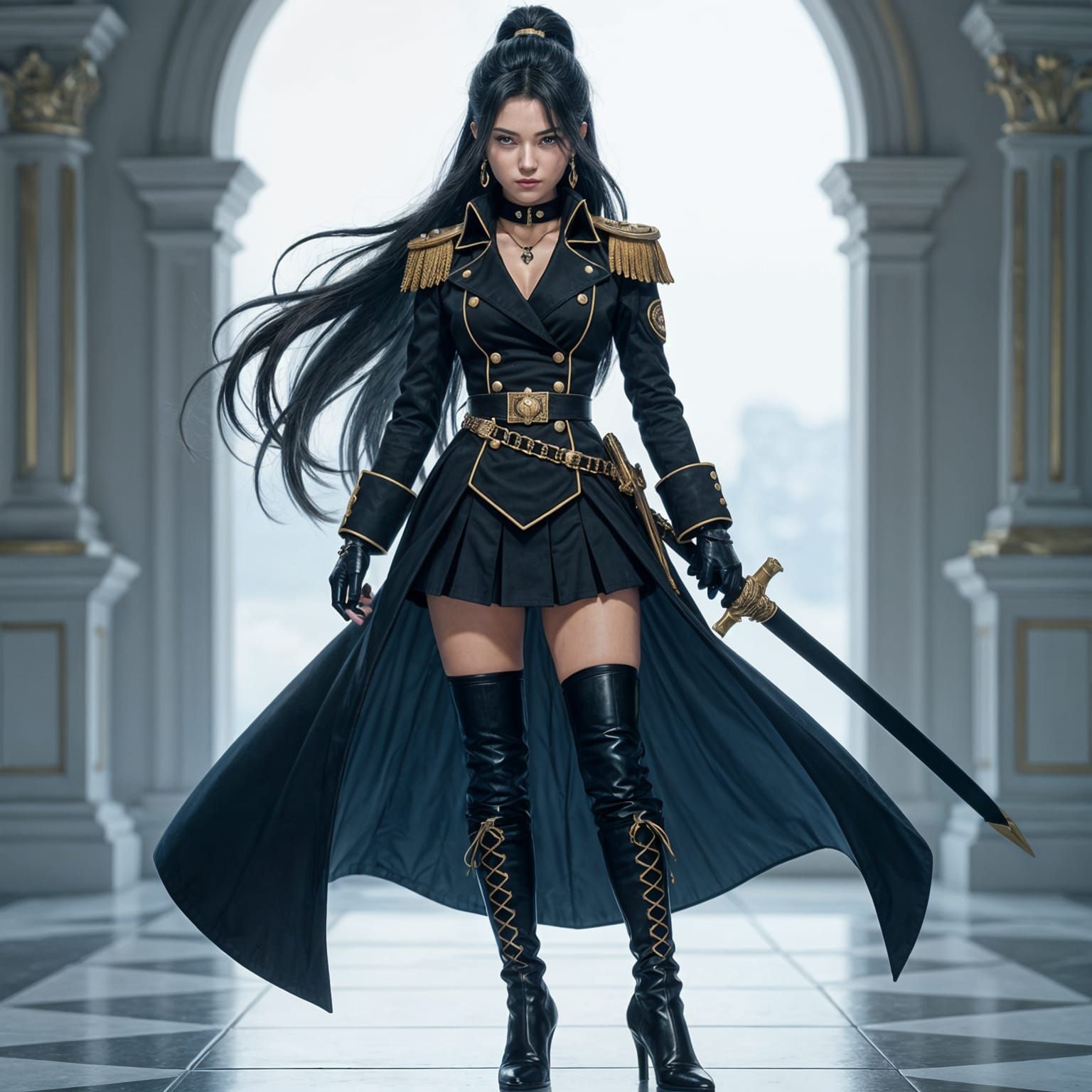 Anime Female Admiral in Black Uniform with Sword