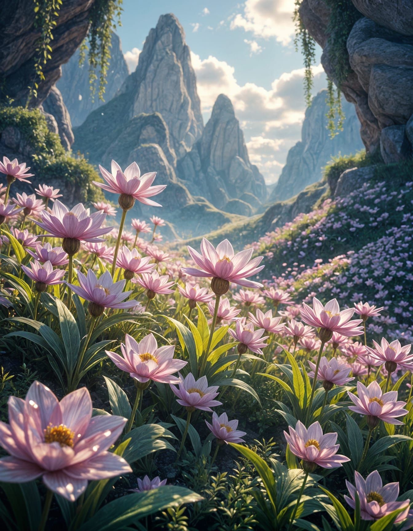 Fantastical Crystalline Flowers in a Dreamlike Landscape