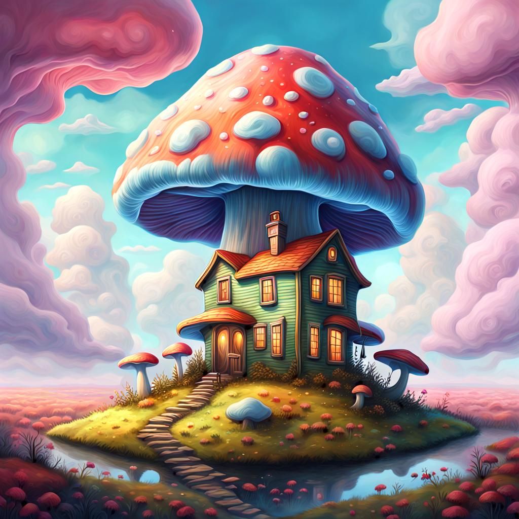 Surreal Pastel Mushroom House in Dream Landscape