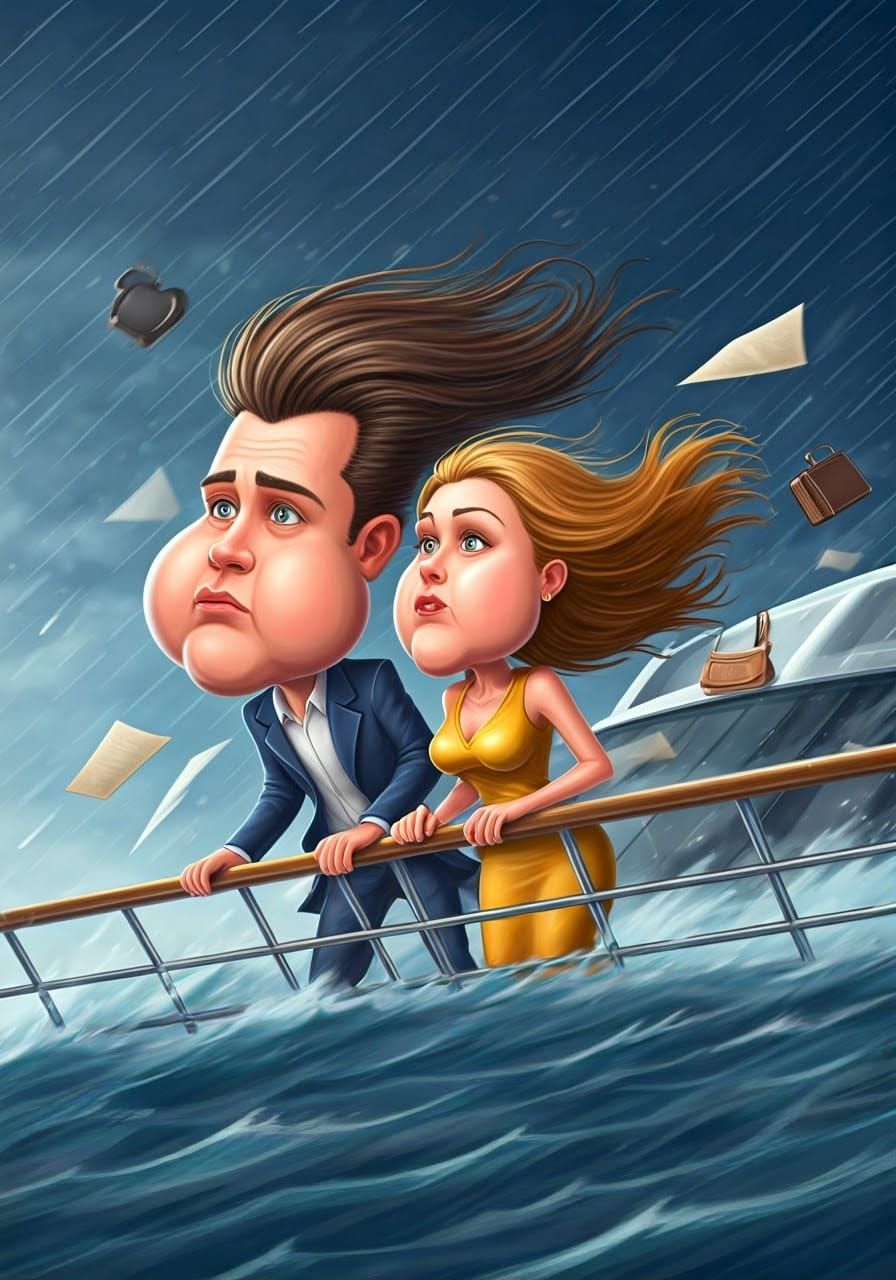 Cartoon Couple Versus Hurricane Winds on Yacht