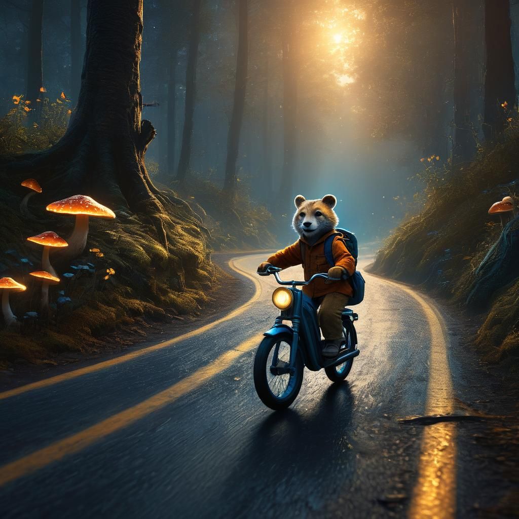 Cub Rides Bike Through Mystical Forest