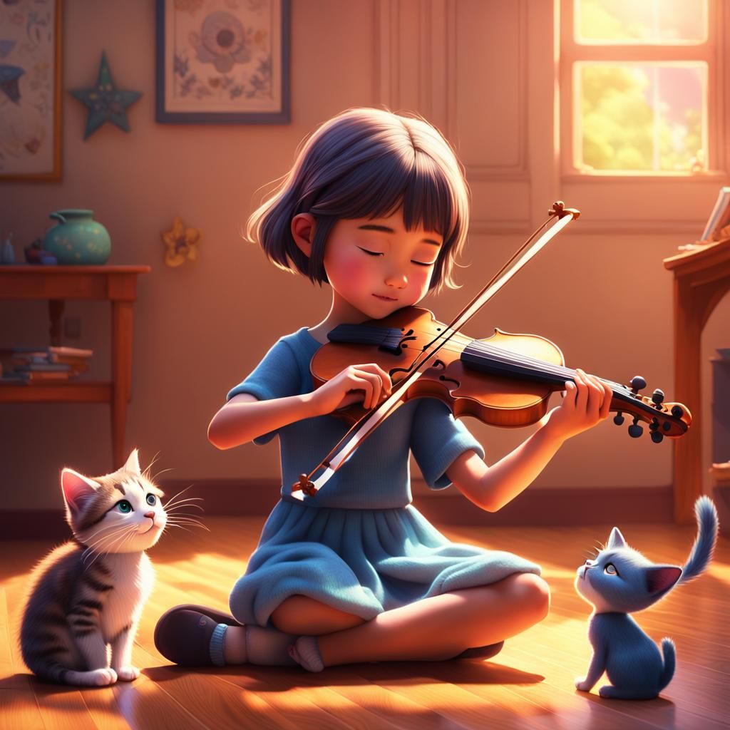 Little youg girl plays violin, kitten is playing with her. Pixar, Disney, concept art, 3d digital art, Maya 3D, ZBrush C...