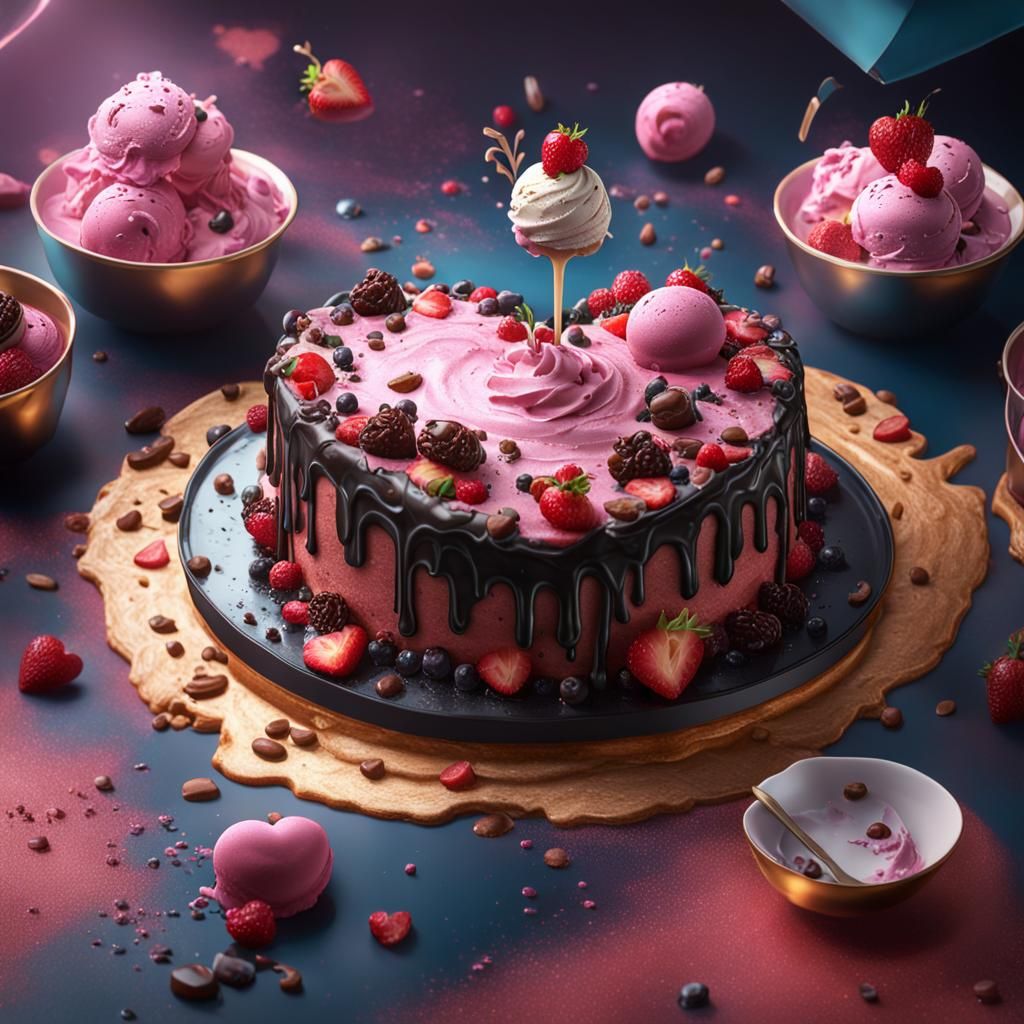 Sweet Black Heart Ice Cream Cake: Detailed Fantasy Art