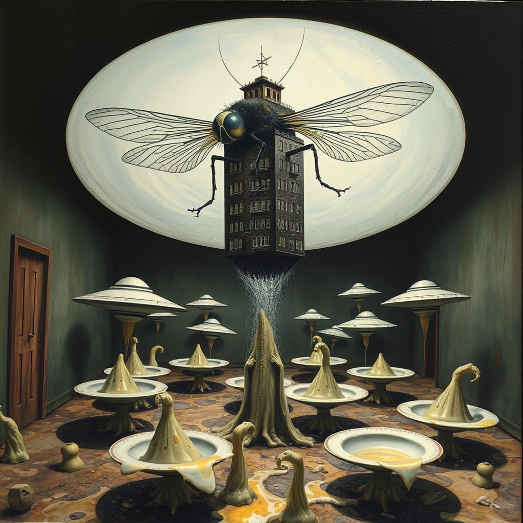 Surreal Giant Fly Emerges from Melted Plates in a Dirty Room