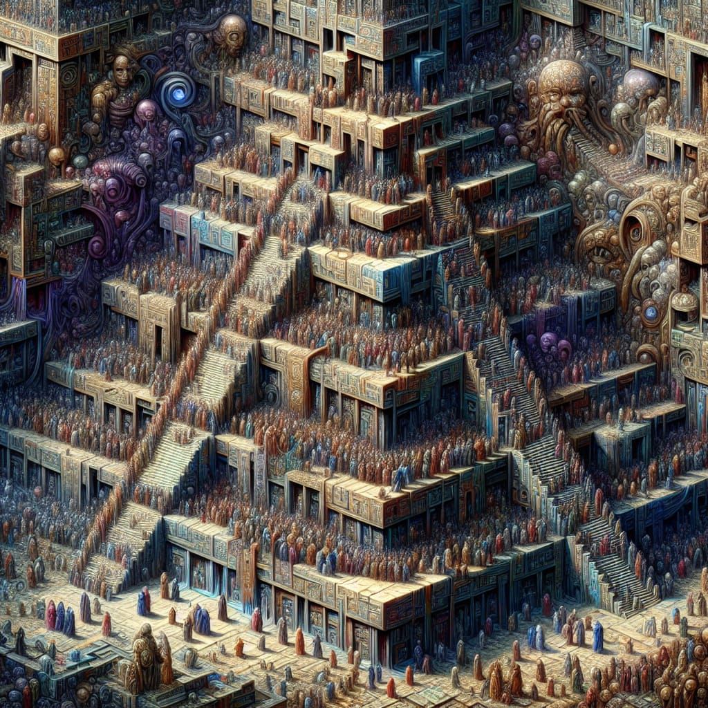 Detailed Tapestry Illustration of Obsidian Ziggurat
