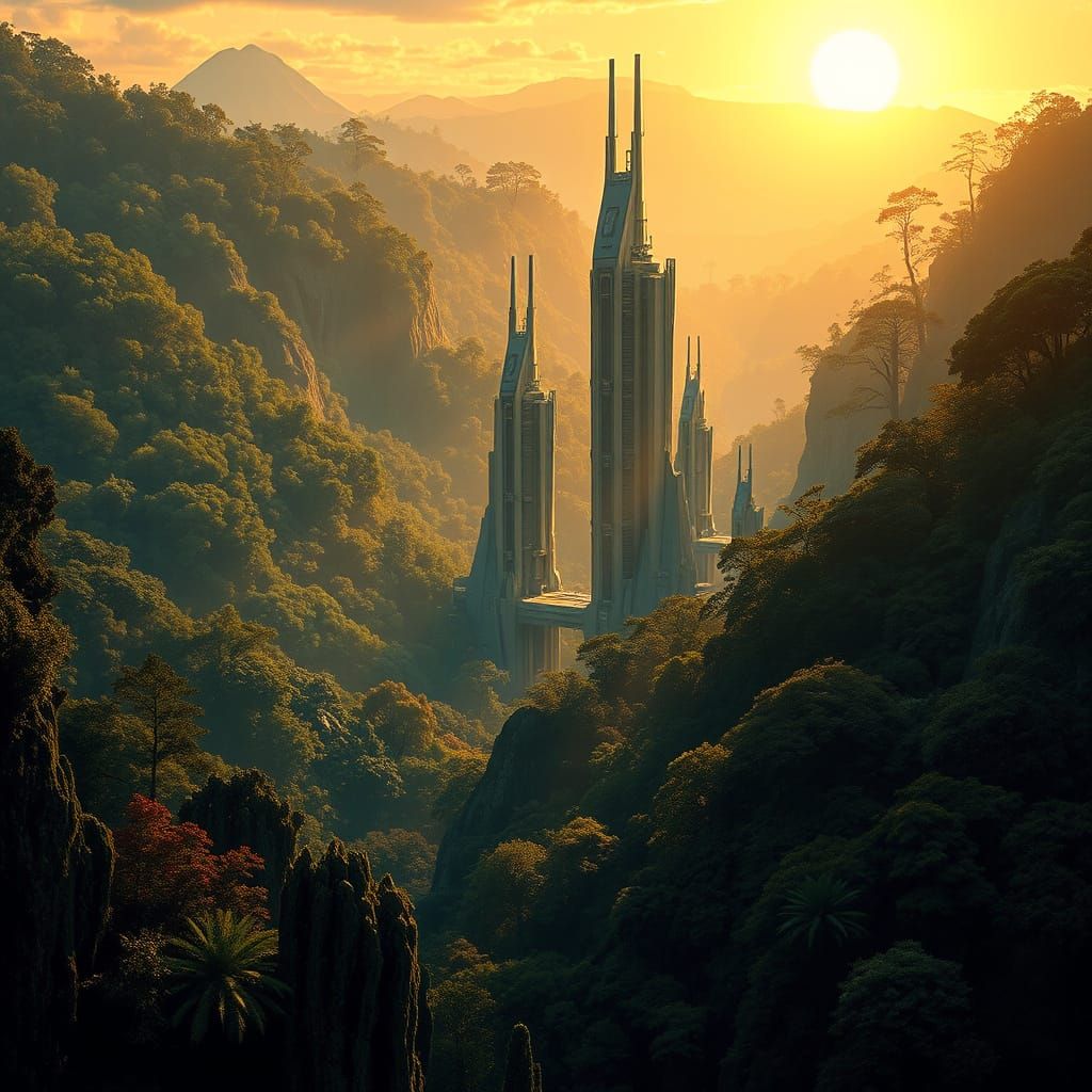 Futuristic City in Rainforest, Classical Landscape Painting