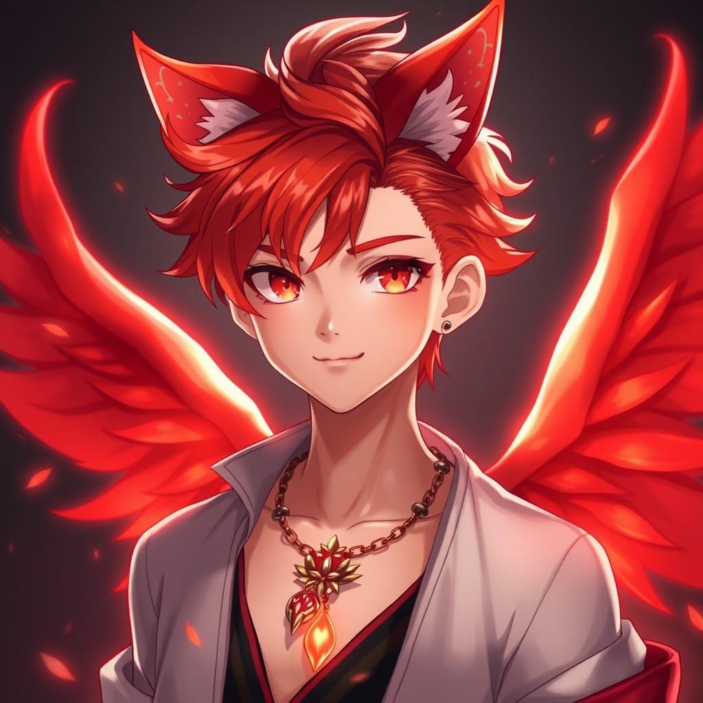 Fiery Red-Haired Teen with Cat Ears and Wings