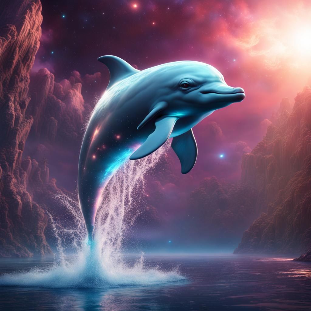 Dolphin Leaps from Galaxy Water in Detailed Painting