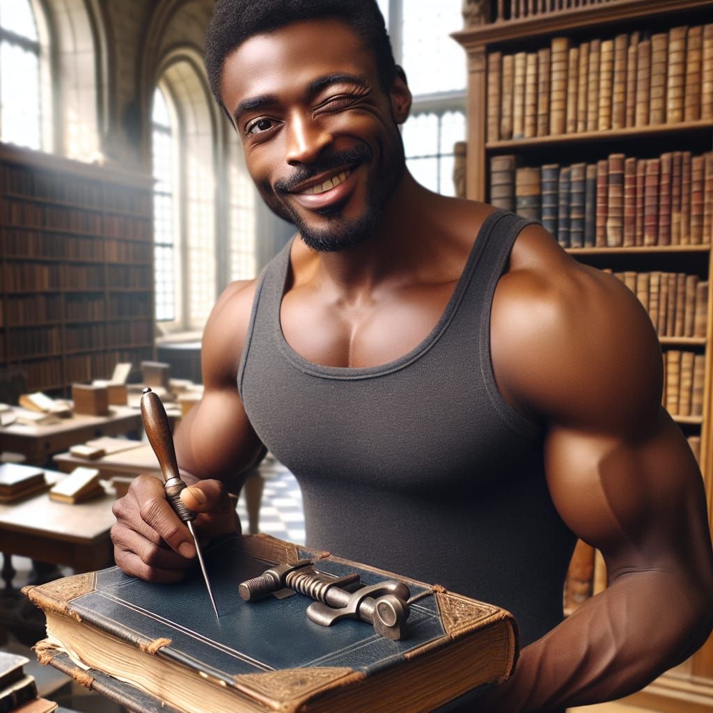 Bookbinder holding a book and tools