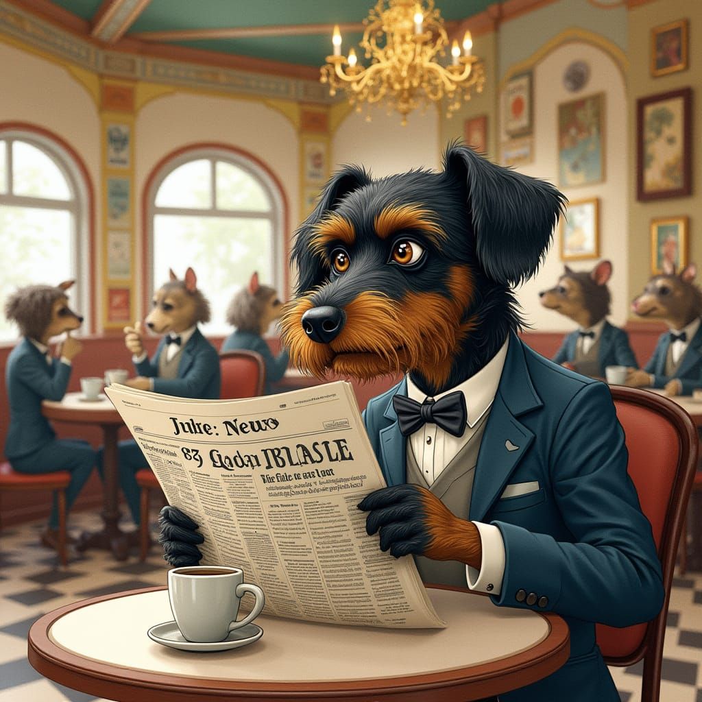 Dapper Havanese Dog Reads Newspaper in Whimsical Cafe Scene