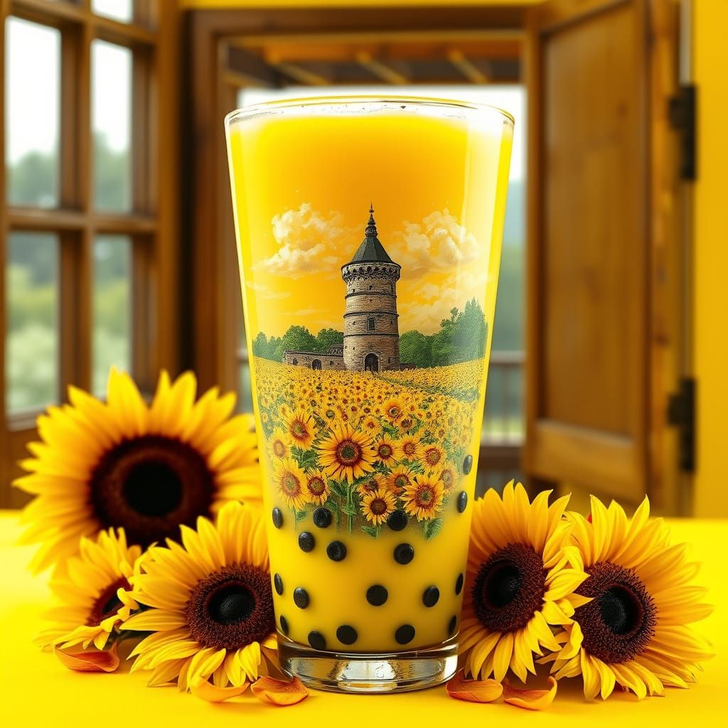Bubble Tea with Impasto Sunflower Field Painting