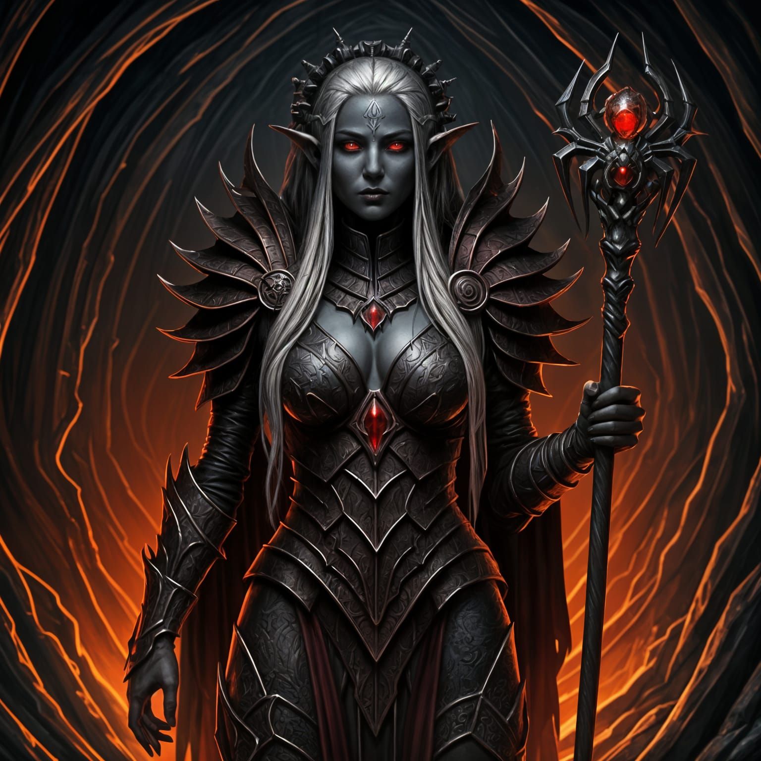 Dark Elf Priestess in Obsidian Temple, Fantasy Art