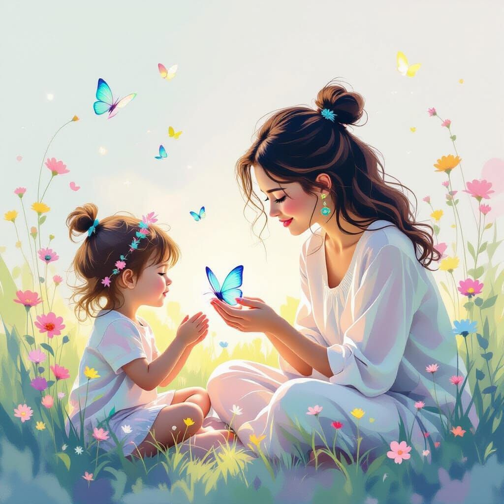 Child Playing with Butterfly in Ethereal Minimalist Painting