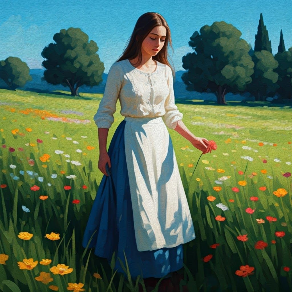 Woman in Field of Flowers as Gouache Painting