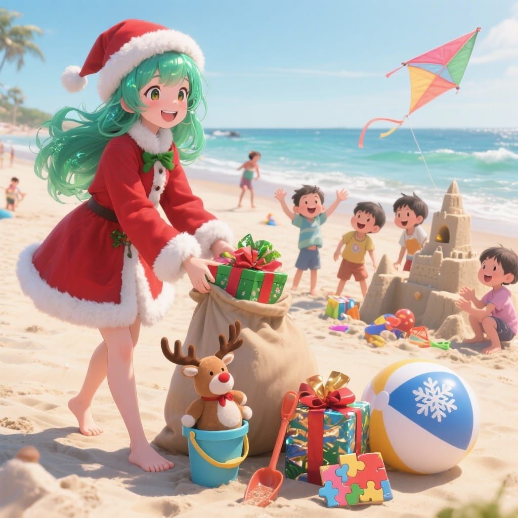 Christmas in July: Girl with Green Hair on Summer Beach