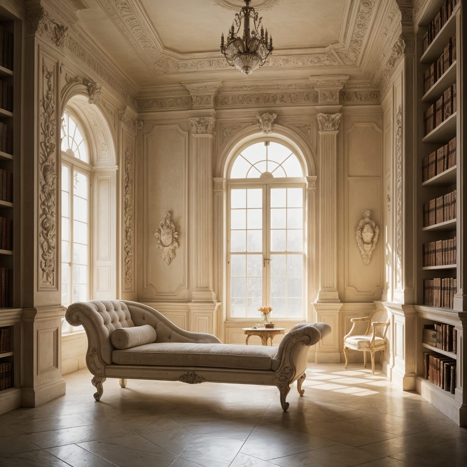 Monochromatic White Library with Plaster Sculptures