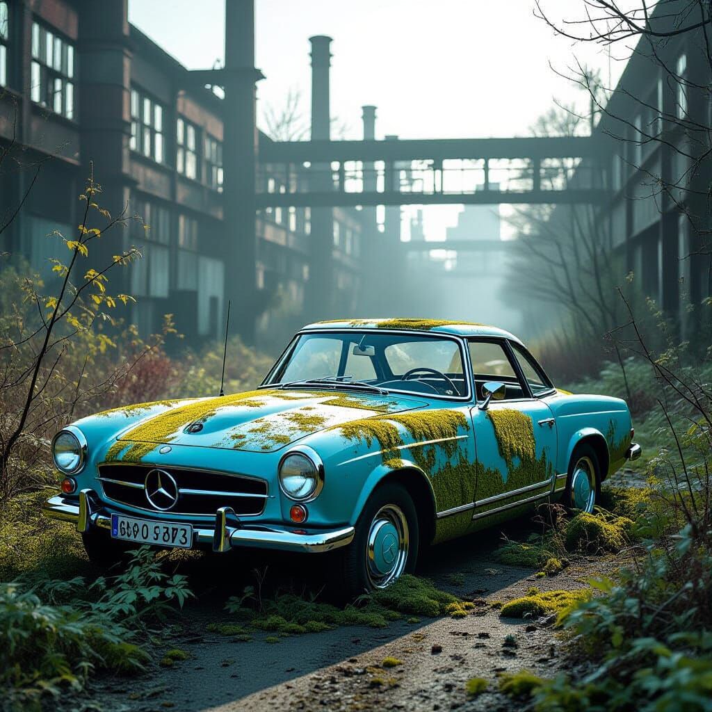 Moss-Covered Mercedes Pagoda in Overgrown Ruins