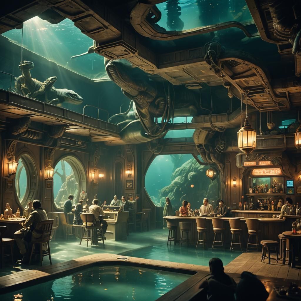 Underwater Sci-Fi Tavern: A Cinematic Film Still