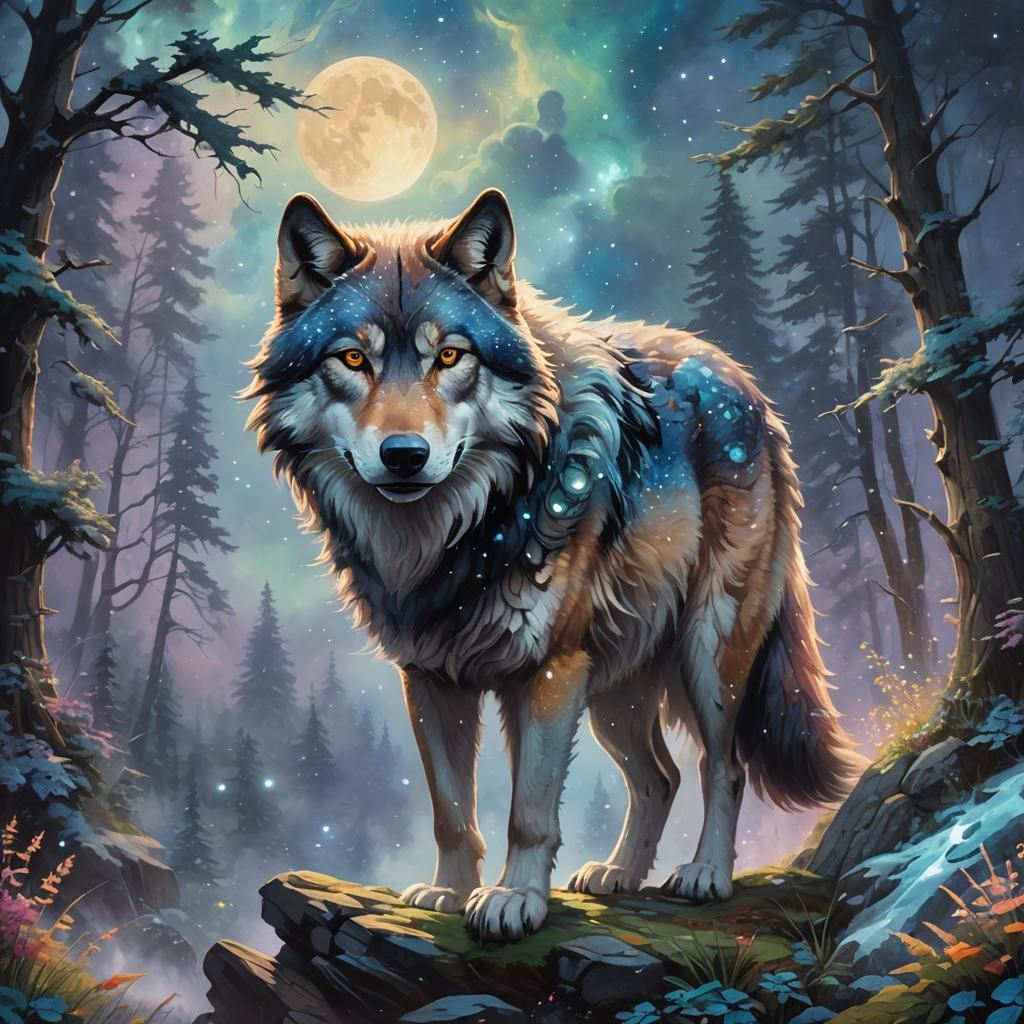 Hyperdetailed Galaxy Wolf in Ethereal Gouache Style