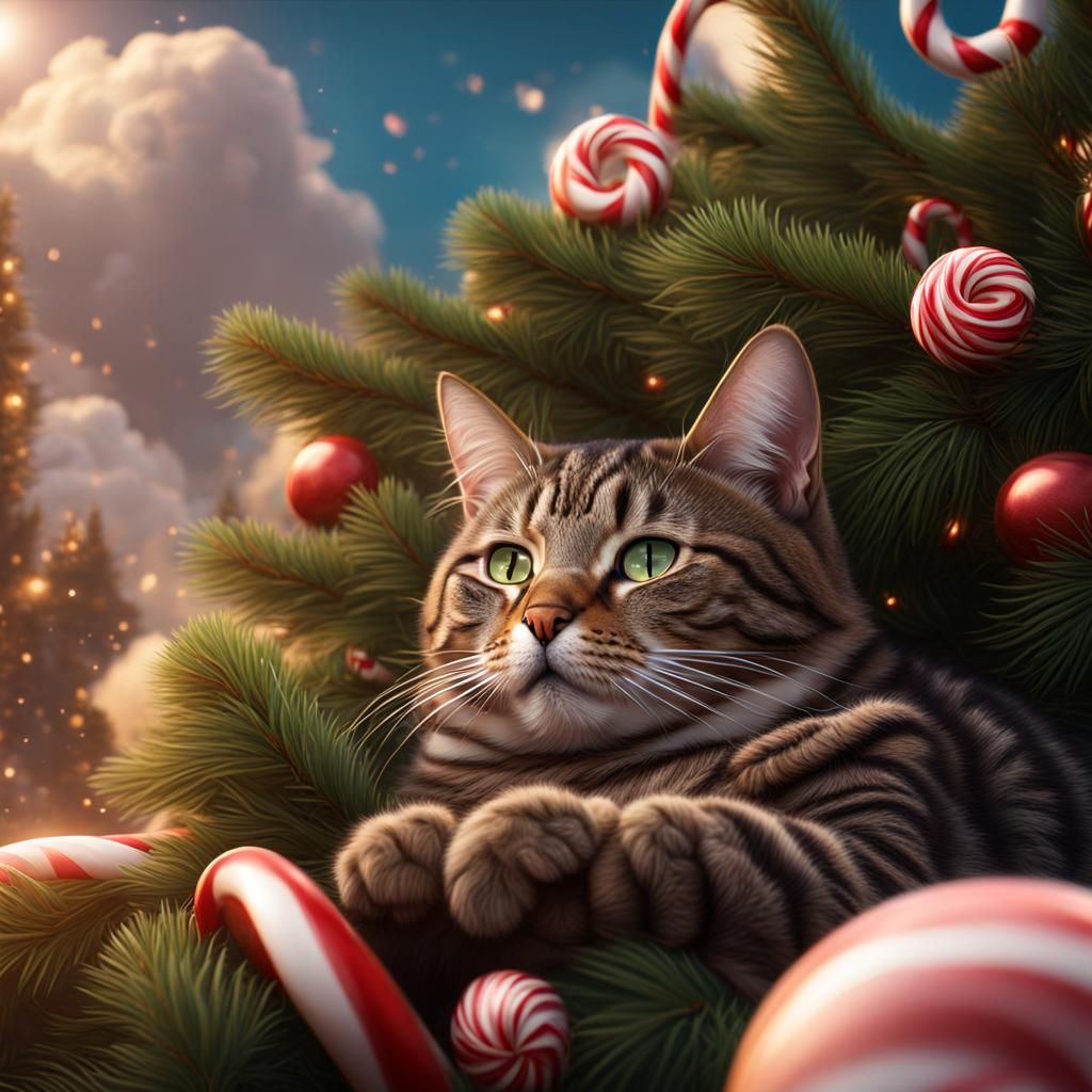 Tabby Cat Dreamscape: Candy Canes and Clouds