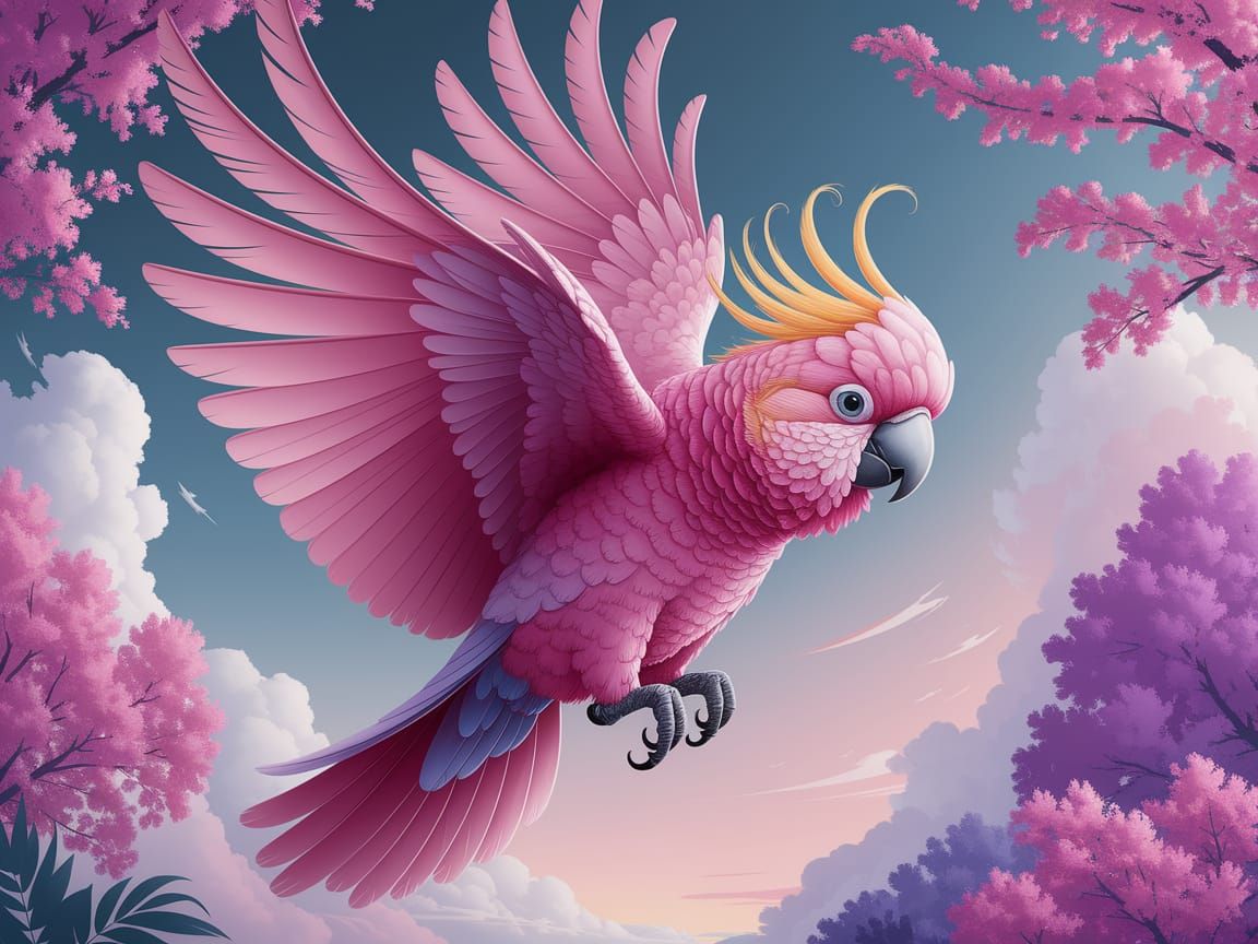 Whimsical Pink Cockatoo Takes Flight in Pastel Paradise