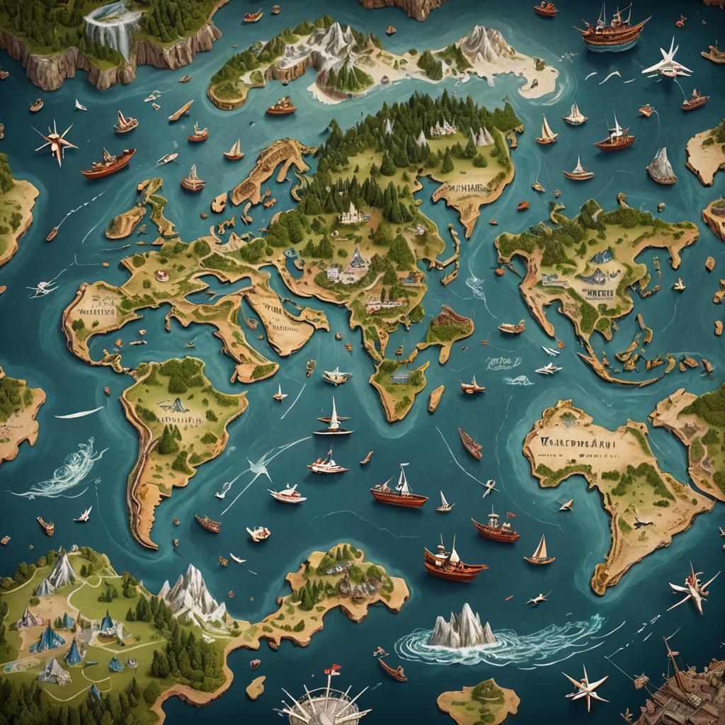 Whimsical World Map with Boats and Planes