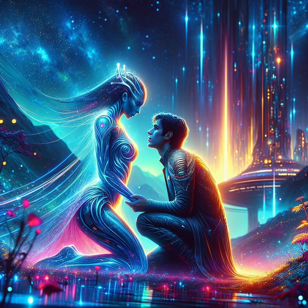Romulan and Human Embrace in Bioluminescent Garden