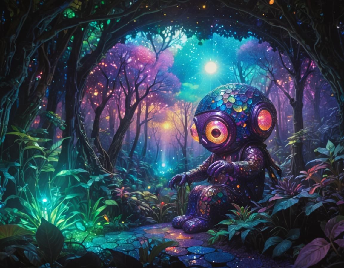 Glass Alien in Stained Glass Forest: Pointillism Art