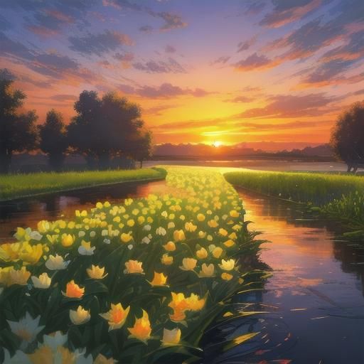 Lilies at Sunset Riverbank Scene