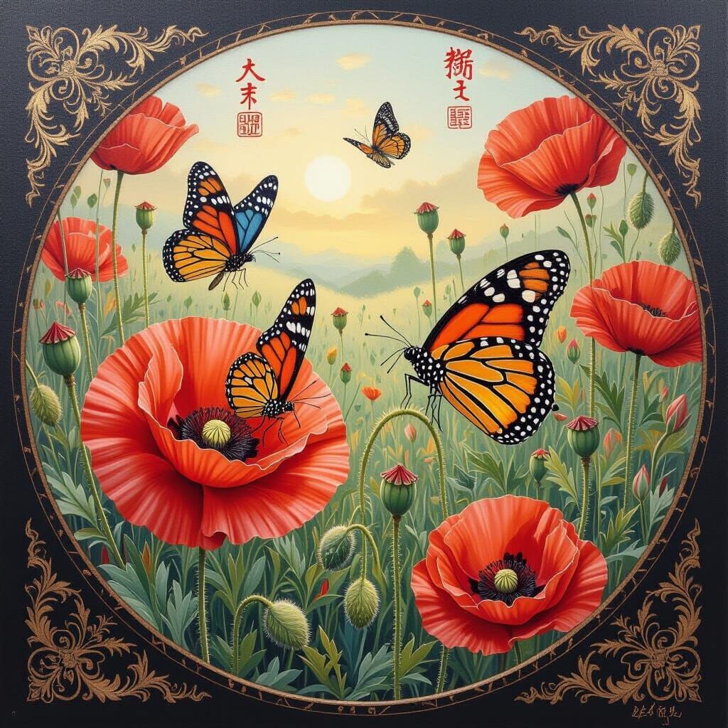 Butterflies on Poppies: Hyperdetailed Oil Painting in Japane...