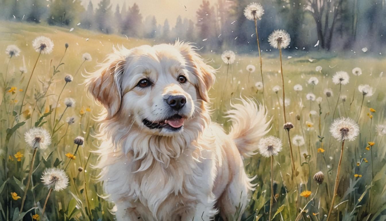 Dog Watching Dandelions in Watercolor Meadow