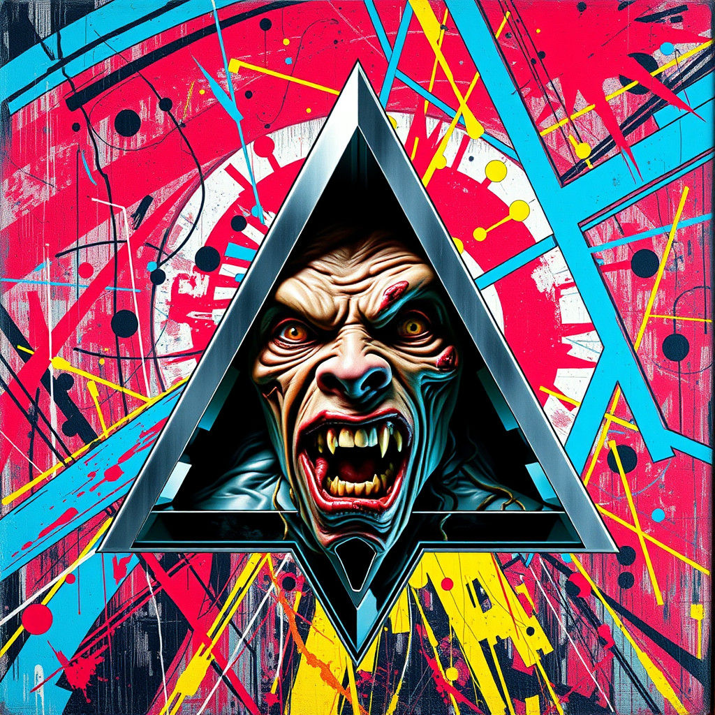 Distorted Face Encased in Futuristic Triangle with Graffiti ...