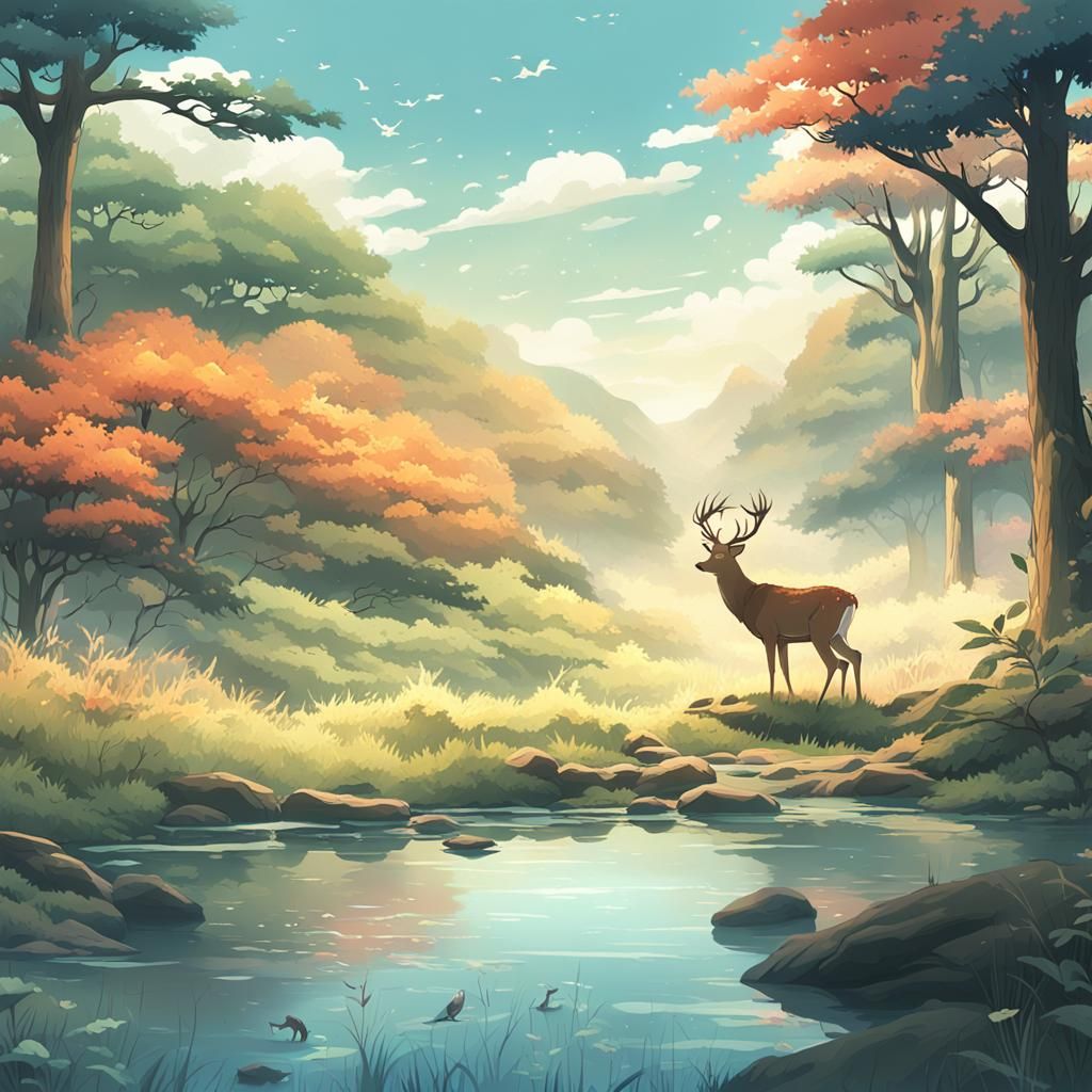 Serene Deer in Lush Anime Landscape