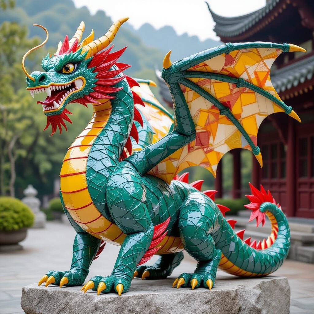 Majestic Dragon Statue Art Made of Plastic Bags