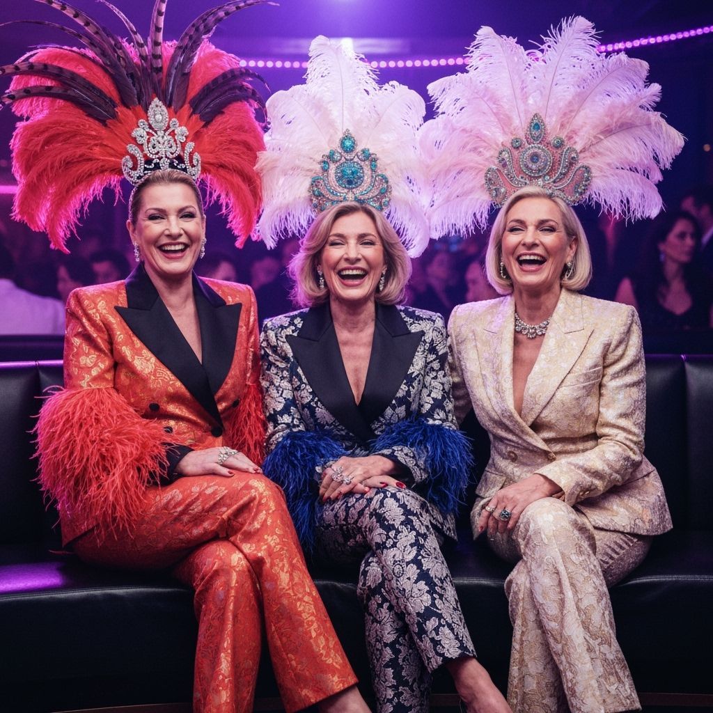 Elegant Women in Feathered Outfits at Nightclub