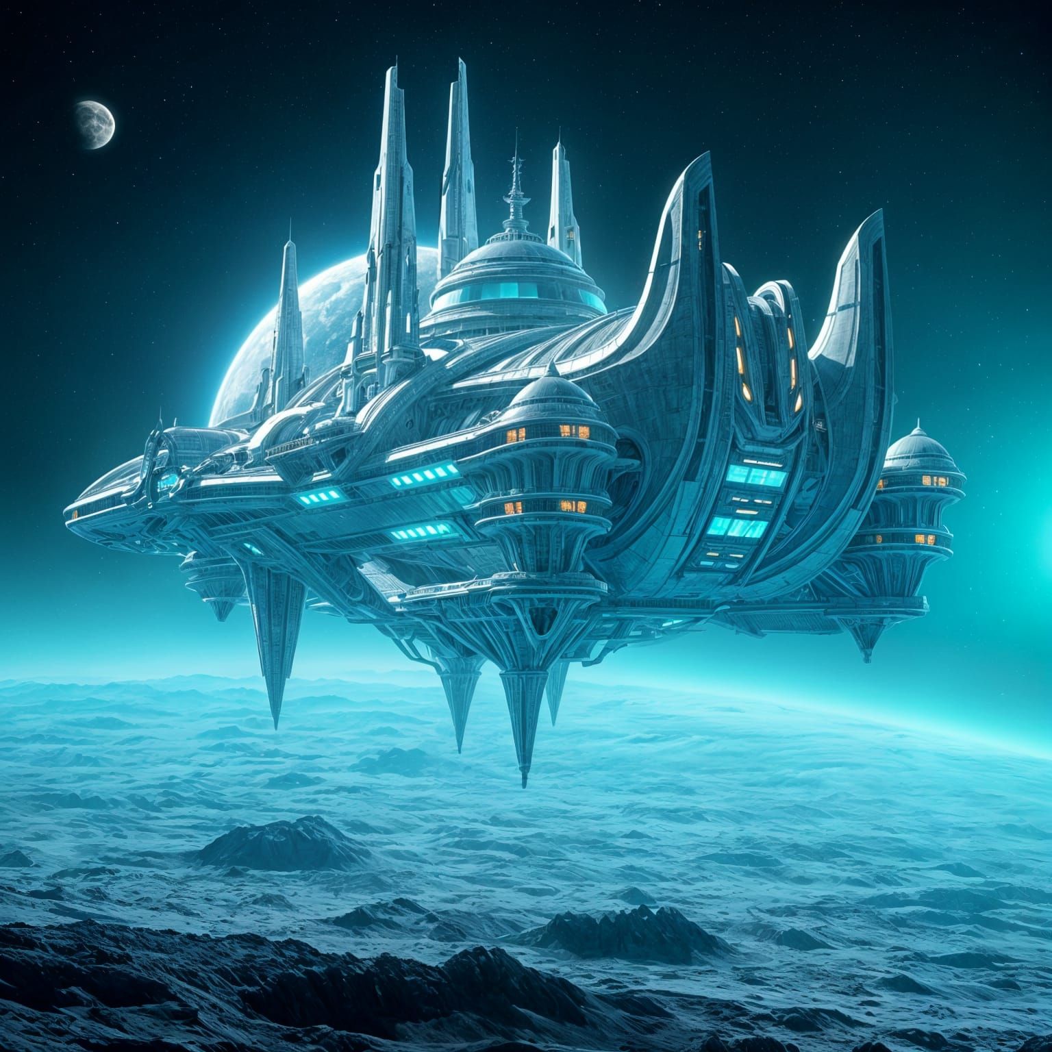 Surreal Futuristic Fortress in Lunar Orbit