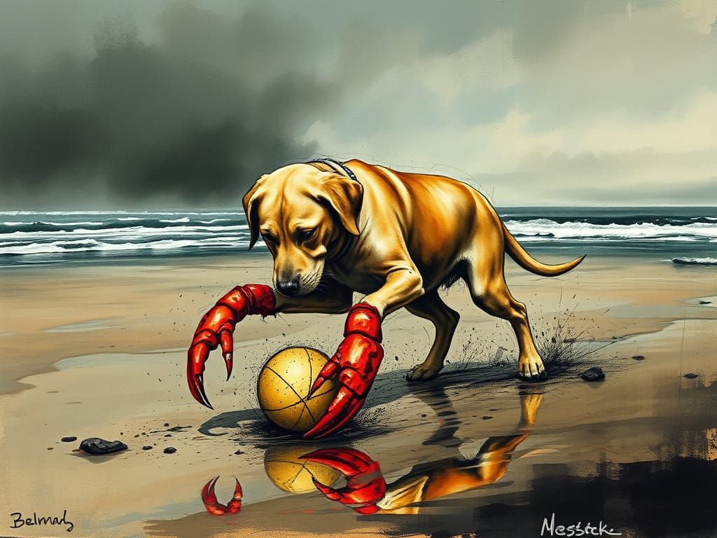 Surreal Lobstrador Dog Plays on Beach