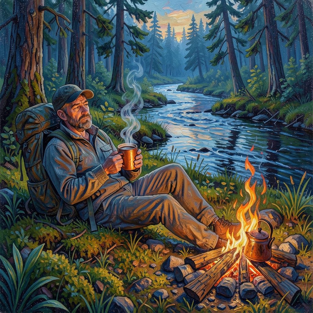 Peaceful Dusk Camping Scene with Hot Chocolate