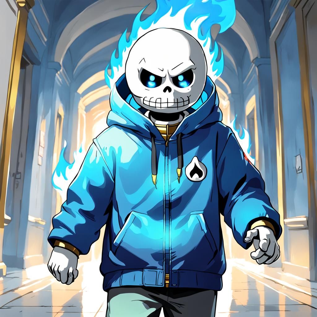 Sans with Flaming Eye in Golden Corridor